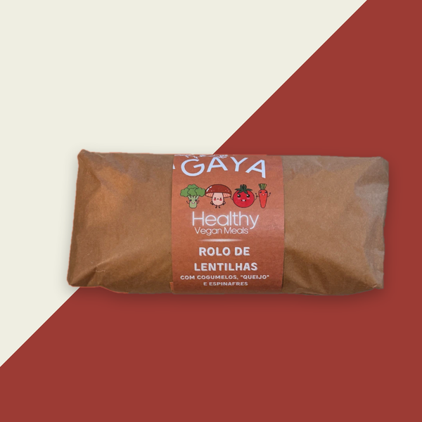 Rolo de lentilhas com cogumelos, espinafres e "queijo"