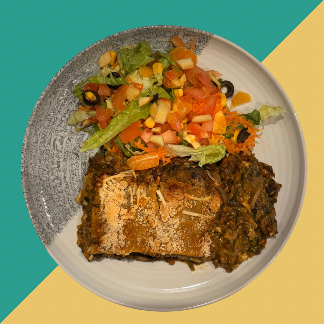 Lasanha de lentilhas, espinafres e cogumelos